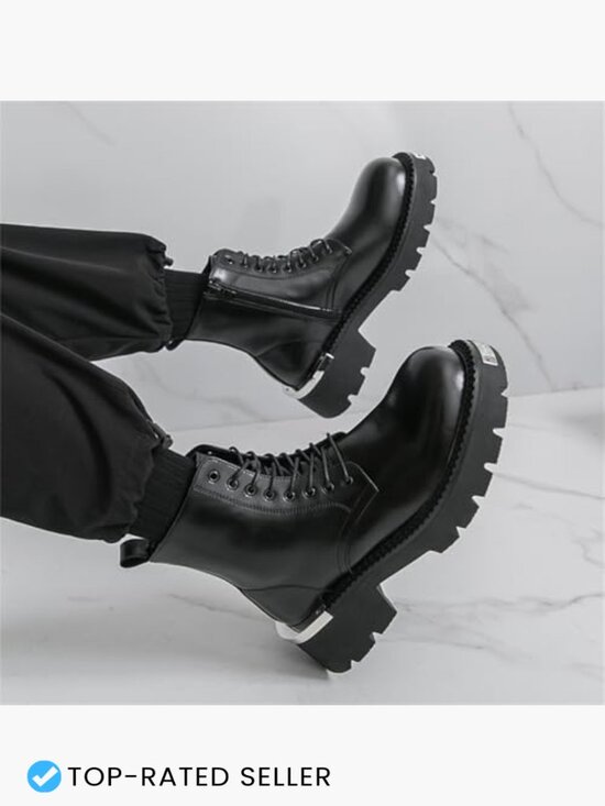 Men\'s Genuine Leather Lace Up Combat Boots with Side Zipper Chunky Lug Sole main image 6